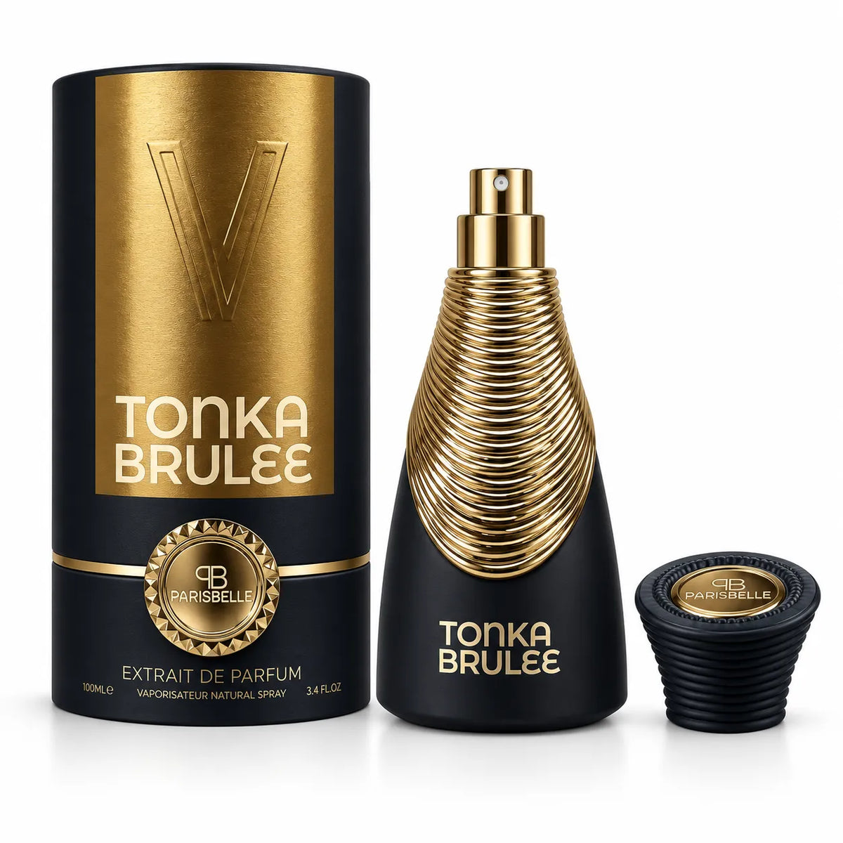Parisbelle Tonka Brulee black perfume bottle with gold detailing