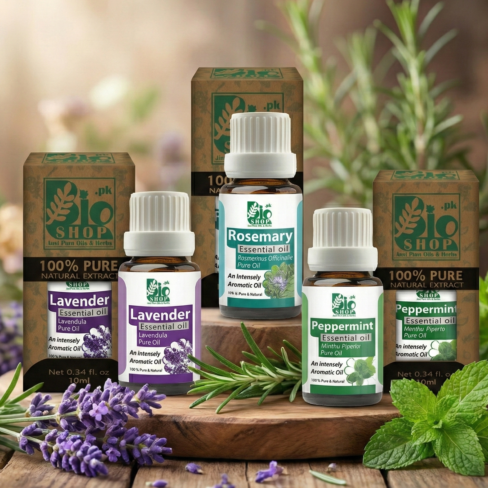 Bio Shop Pakistan Essential Oil Trio Bundle featuring Lavender, Rosemary, and Peppermint 100% Pure Oils for aromatherapy and hair care.