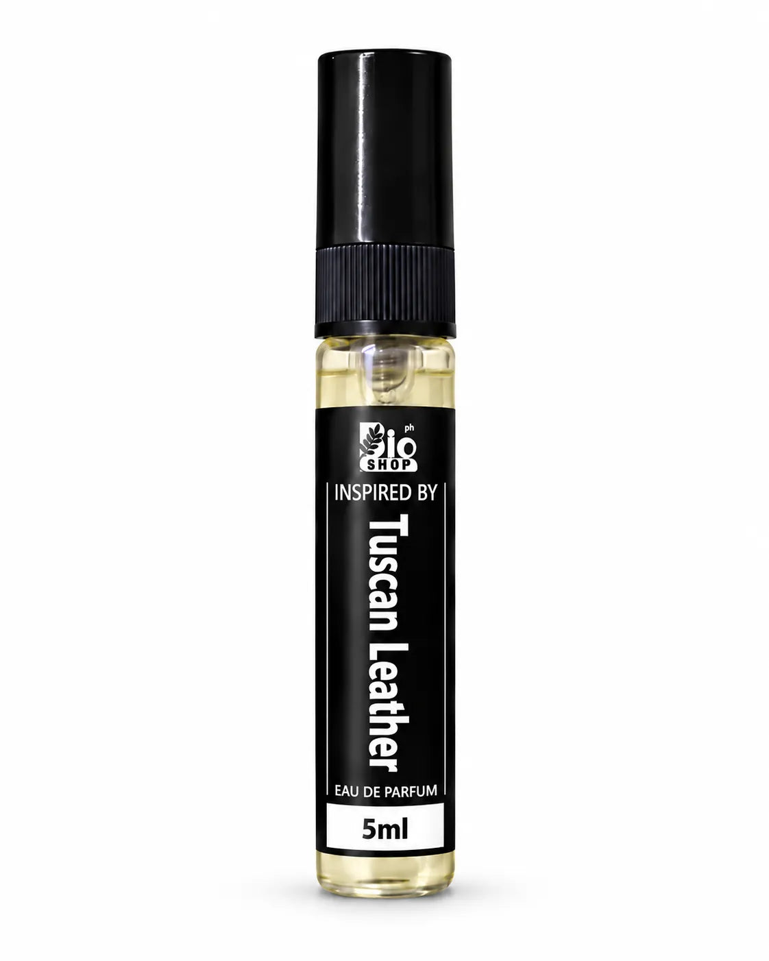  Bio Shop Tuscan Leather inspired 5ml Eau de Parfum spray bottle with black label and golden liquid.