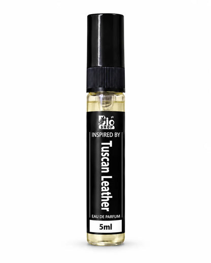  Bio Shop Tuscan Leather inspired 5ml Eau de Parfum spray bottle with black label and golden liquid.