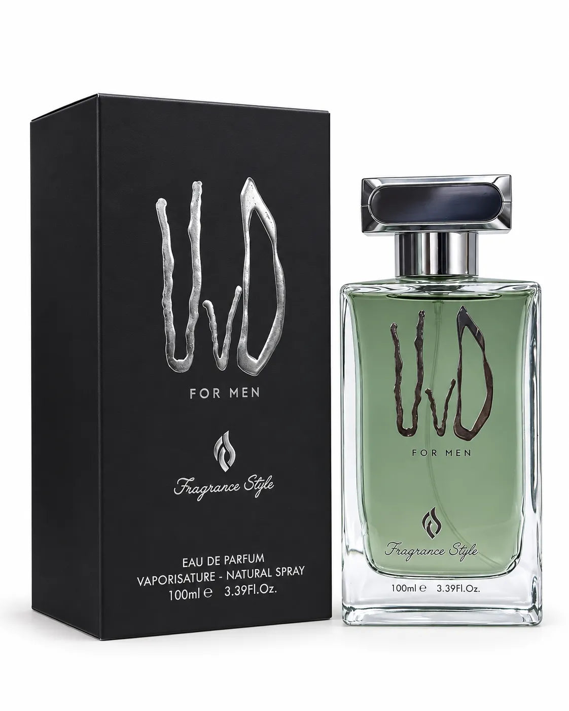 WD For Men 100ml Eau de Parfum deep green perfume in clear glass bottle with silver cap