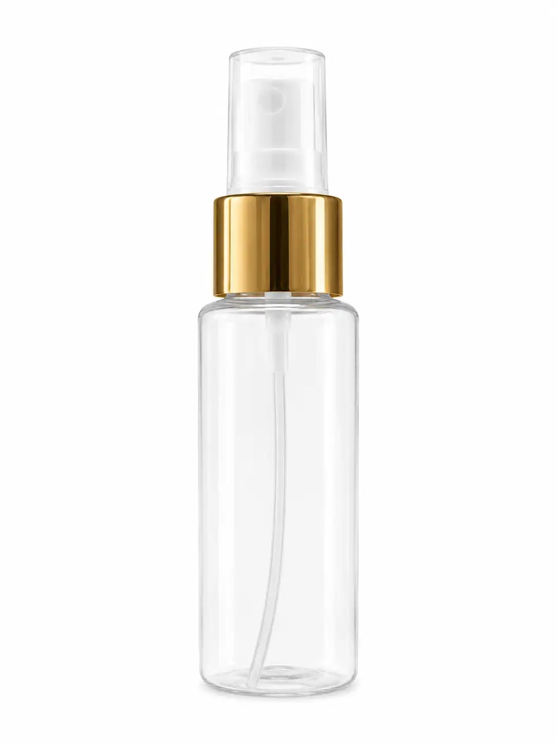 White Cosmetic Spray Bottle with Gold Collar and Clear Cap