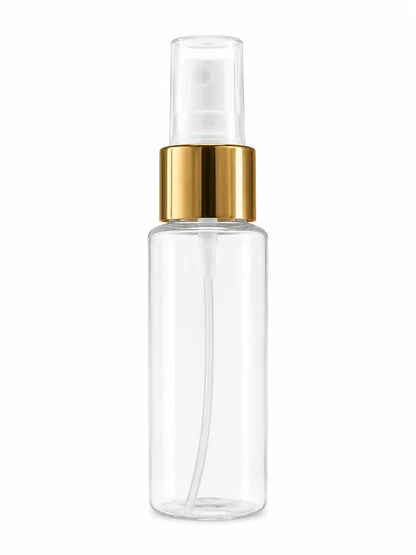 White Cosmetic Spray Bottle with Gold Collar and Clear Cap