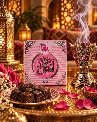 Pink and white Oud Abyad bakhoor box with Bio Shop branding