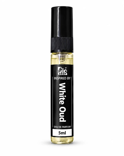 Bio Shop White Oud inspired 5ml perfume spray bottle with black label and clear glass