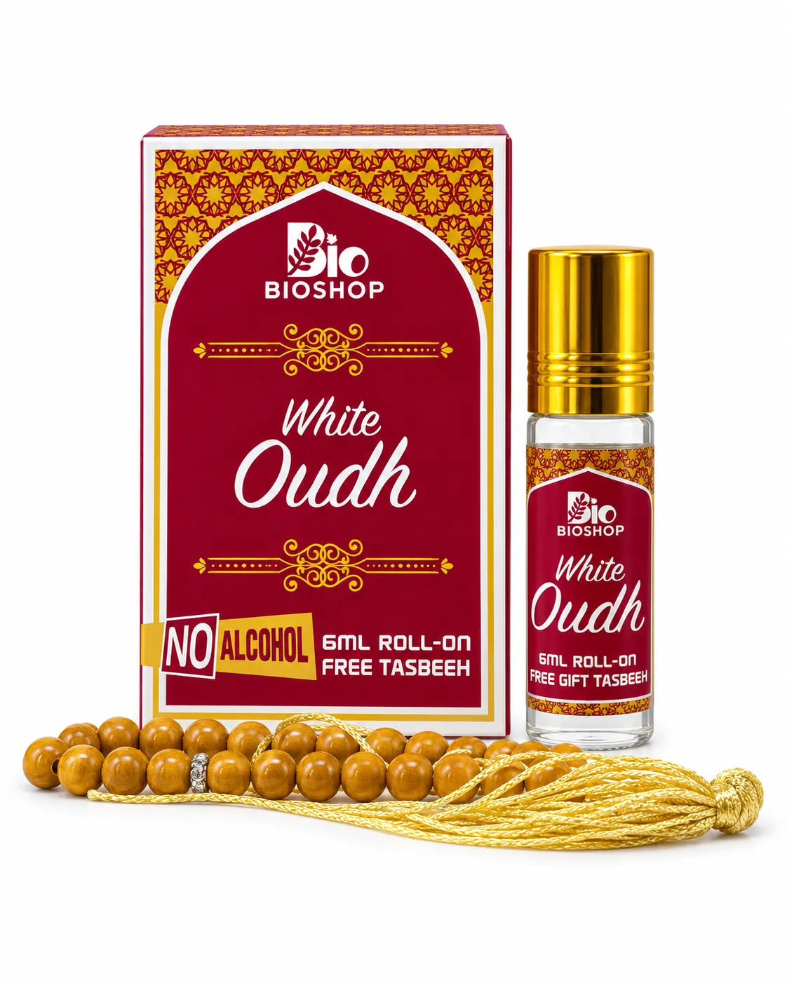 Bio Shop White Oudh 6ml roll-on attar with a gold-coloured cap, burgundy-and-gold box and golden-yellow tasbeeh on a white background.