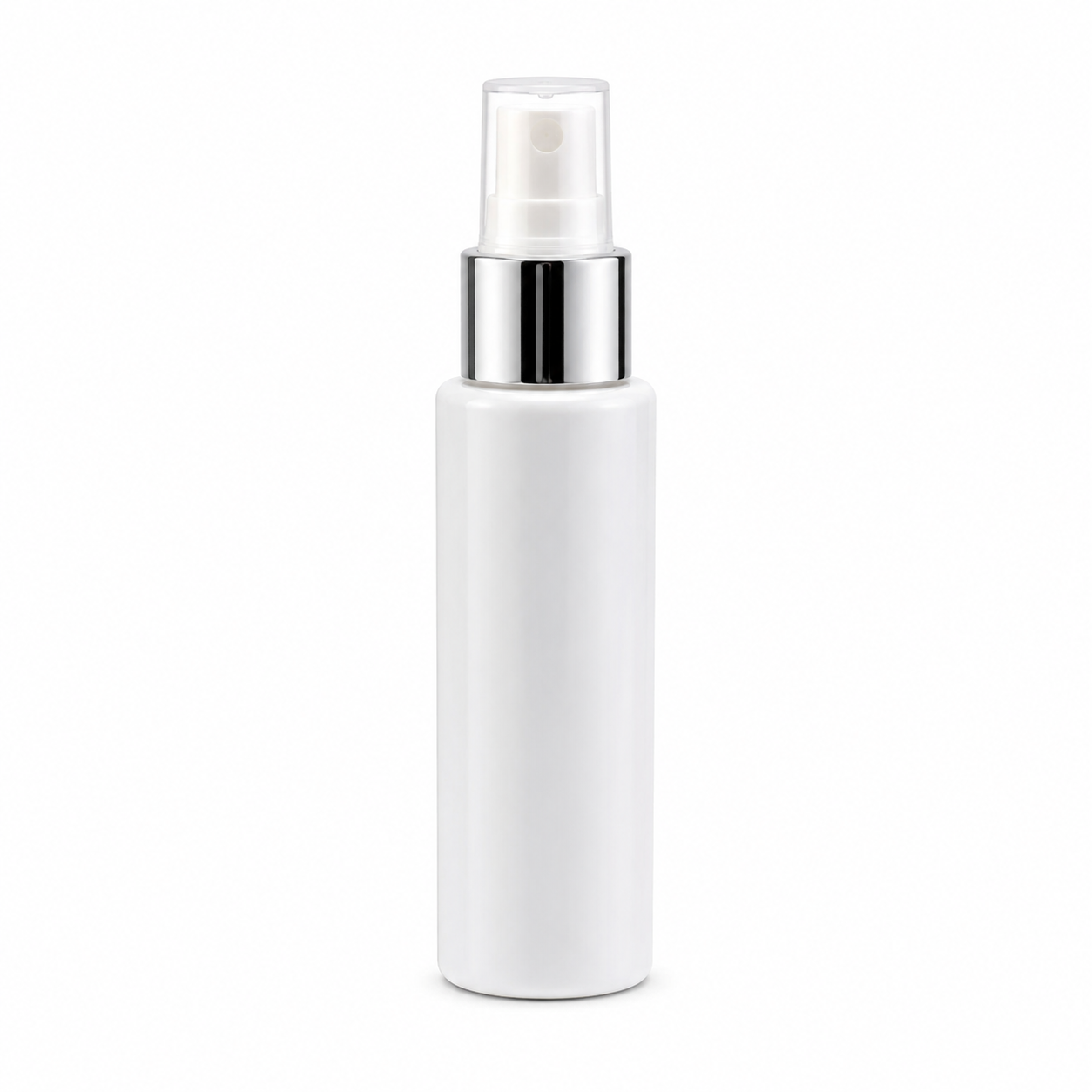 White Plastic Bottle with Silver Spray Pump Collar
