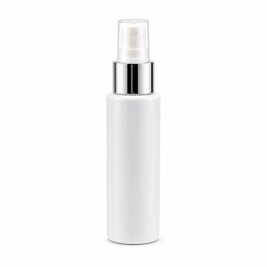 White Plastic Bottle with Silver Spray Pump Collar