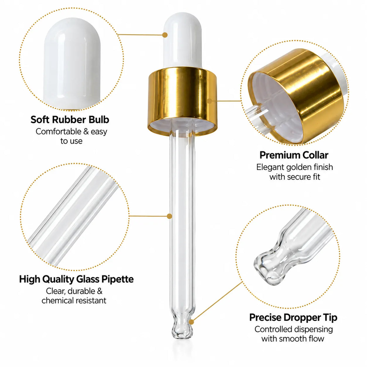 Golden collar glass dropper dispensing cosmetic serum into amber skincare bottle