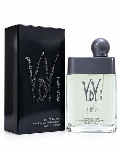 YDY Open House 100ml men's perfume with black presentation box and textured YDY logo