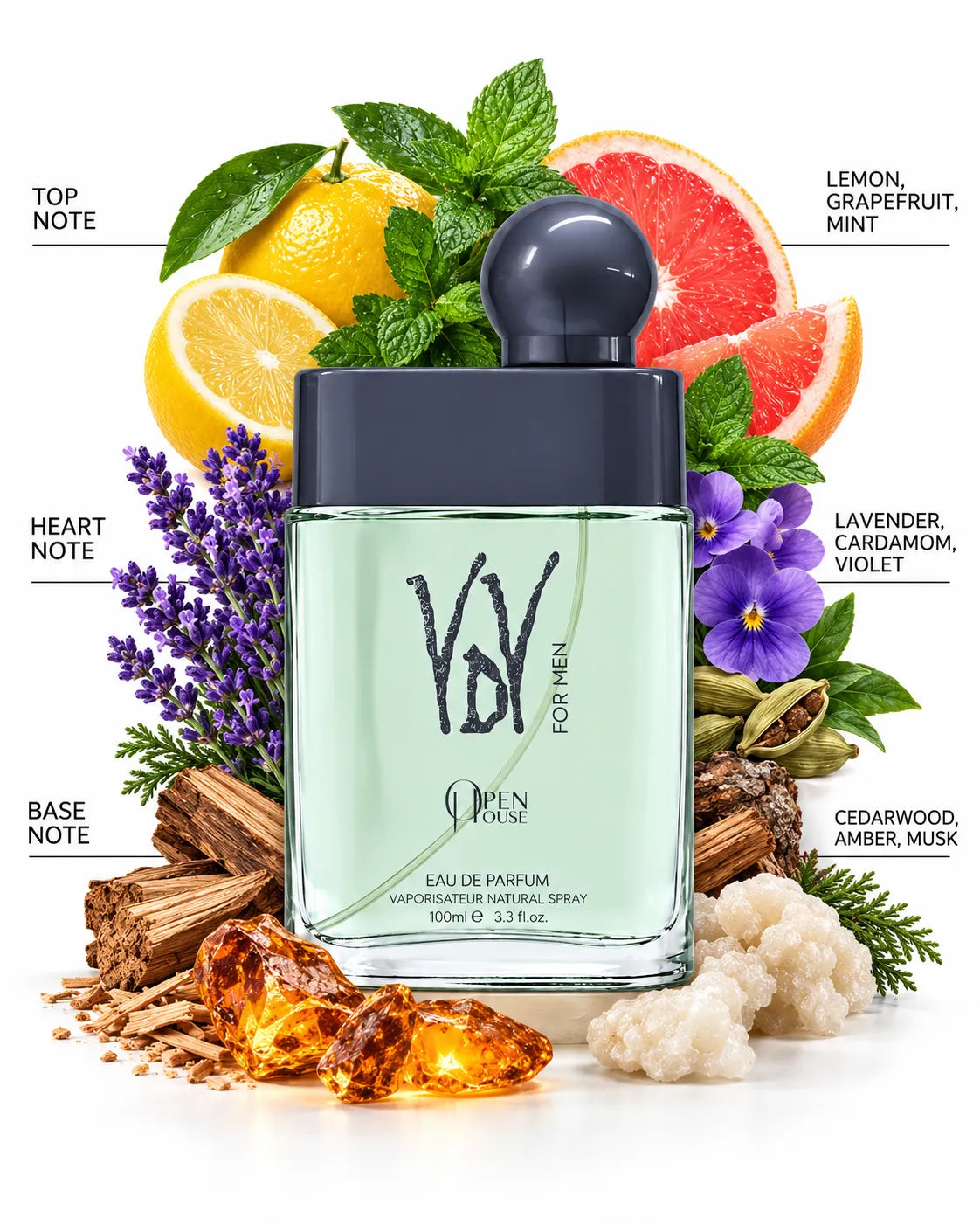 YDY For Men 100ml Eau de Parfum light green glass perfume bottle with charcoal grey cap
