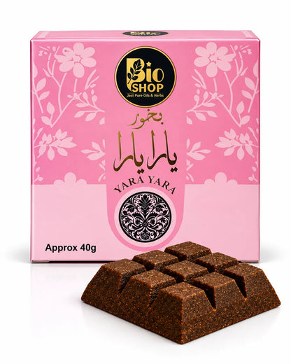 Bio Shop Yara Yara Bakhoor 40g pink box with brown incense blocks
Yara Yara floral Arabic bakhoor 40g for home fragrance
