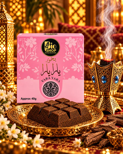 Bio Shop Yara Yara Bakhoor 40g pink box with brown incense blocks
Yara Yara floral Arabic bakhoor 40g for home fragrance