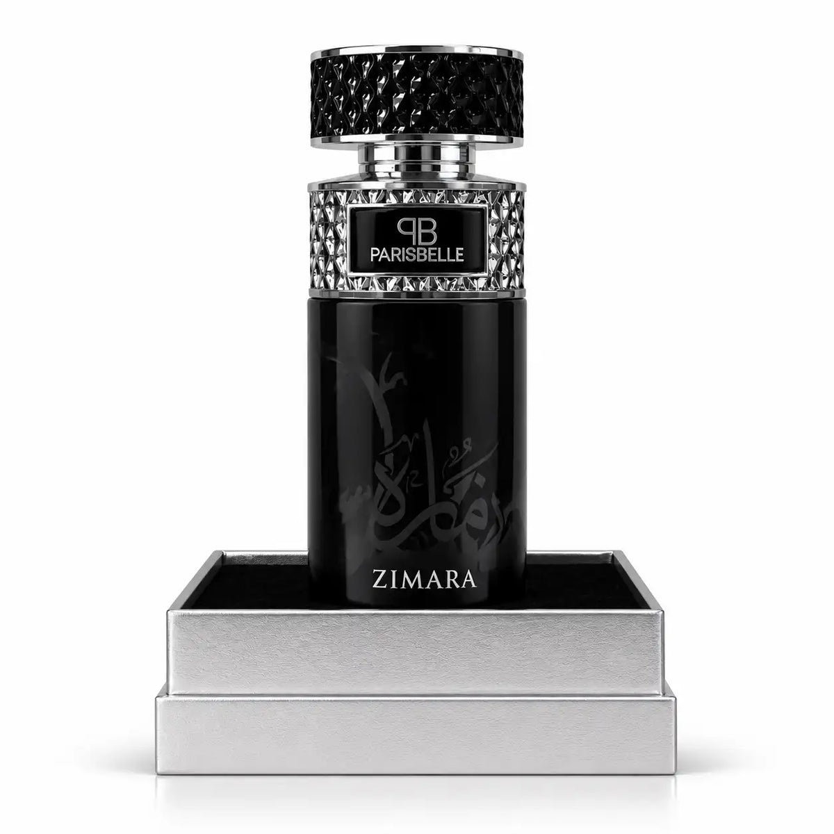 Parisbelle Zimara Oasis Collection black perfume bottle with silver detailing
