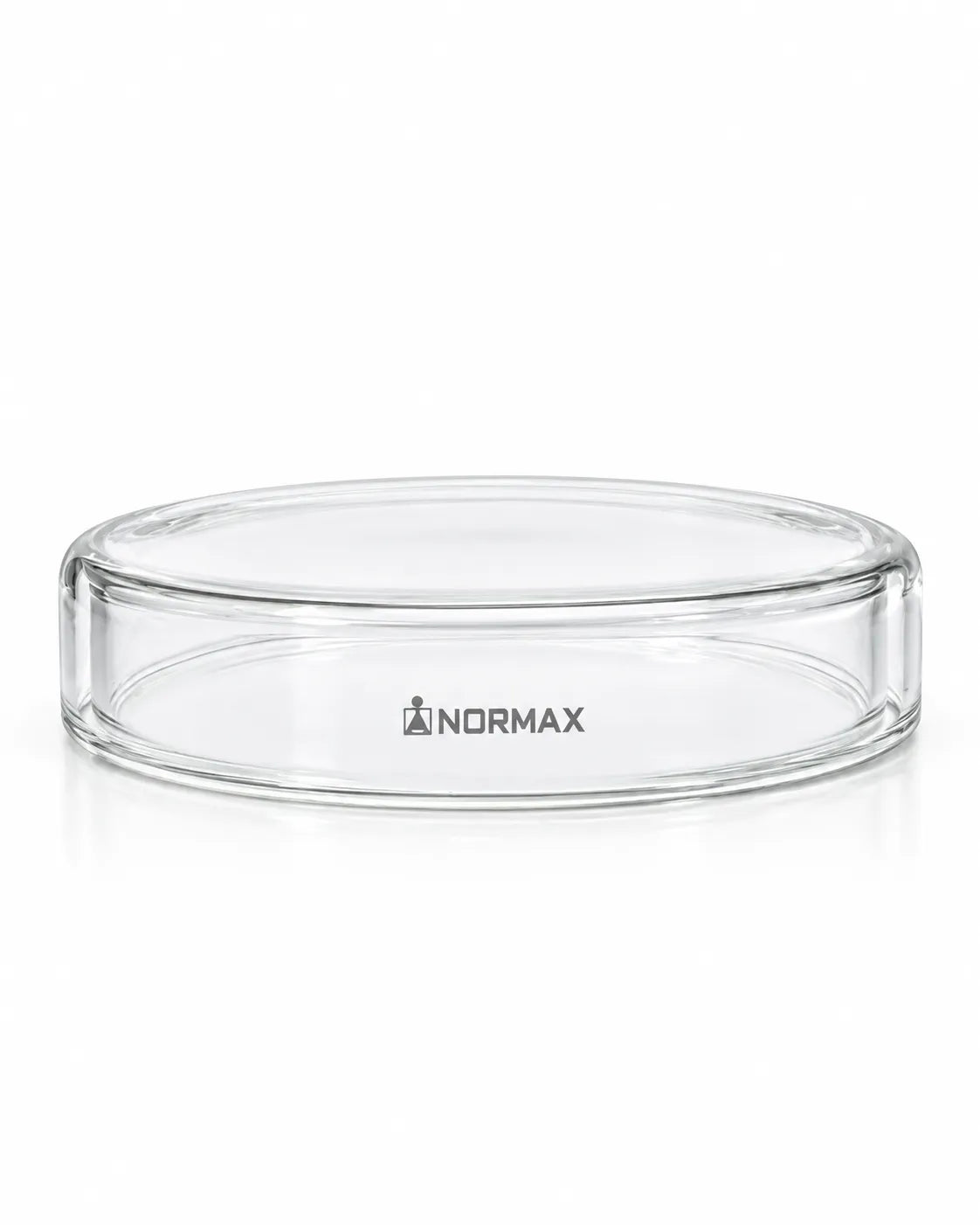 Normax clear glass Petri dish with the lid in place and the brand logo visible on a white background.