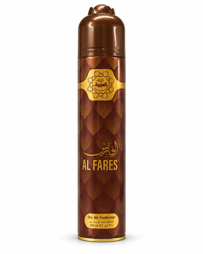 Al Arabiya Al Fares Room Spray Air Freshener 300ml brown and gold aerosol can on white background