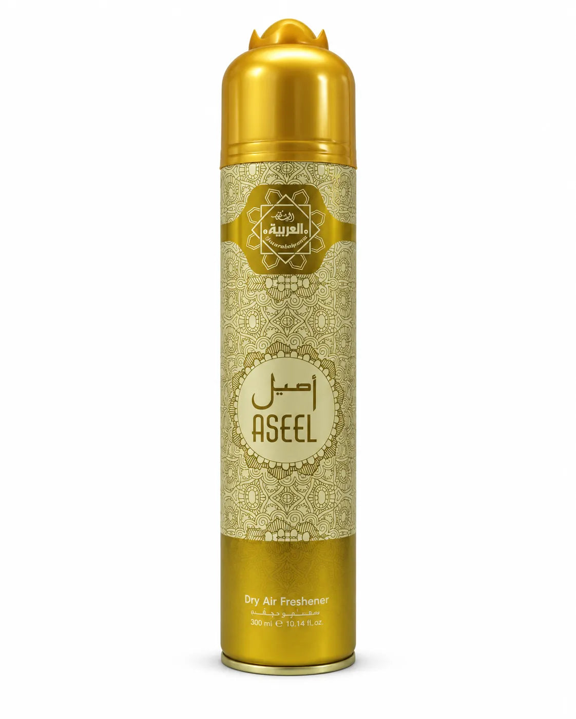 Al Arabiya Aseel Room Spray Air Freshener 300ml gold and cream aerosol can on white background