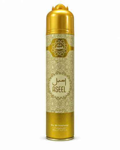 Al Arabiya Aseel Room Spray Air Freshener 300ml gold and cream aerosol can on white background