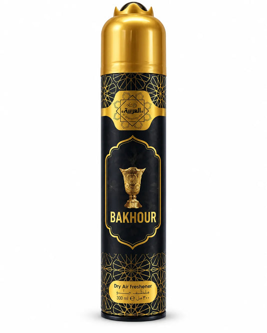 Al Arabiya Bakhour Room Spray Air Freshener 300ml black and gold aerosol can on white background