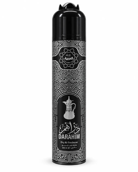 Al Arabiya Darahim Room Spray Air Freshener 300ml black and silver aerosol can on white background