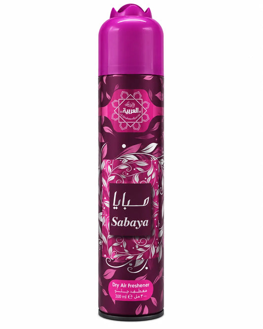 Al Arabiya Sabaya Room Spray Air Freshener 300ml purple and pink aerosol can on white background