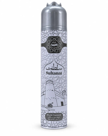 Al Arabiya Sultanat Room Spray Air Freshener 300ml silver and white aerosol can on white background