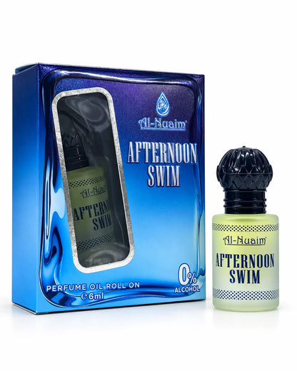 Al-Nuaim Afternoon Swim 6ml alcohol-free perfume oil box with blue gradient aquatic design.