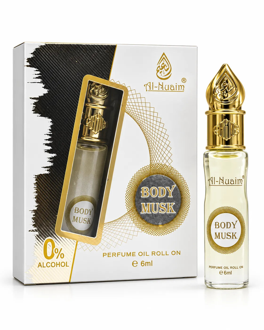 Al-Nuaim Body Musk 6ml perfume oil in white and gold retail packaging with decorative geometric pattern.
