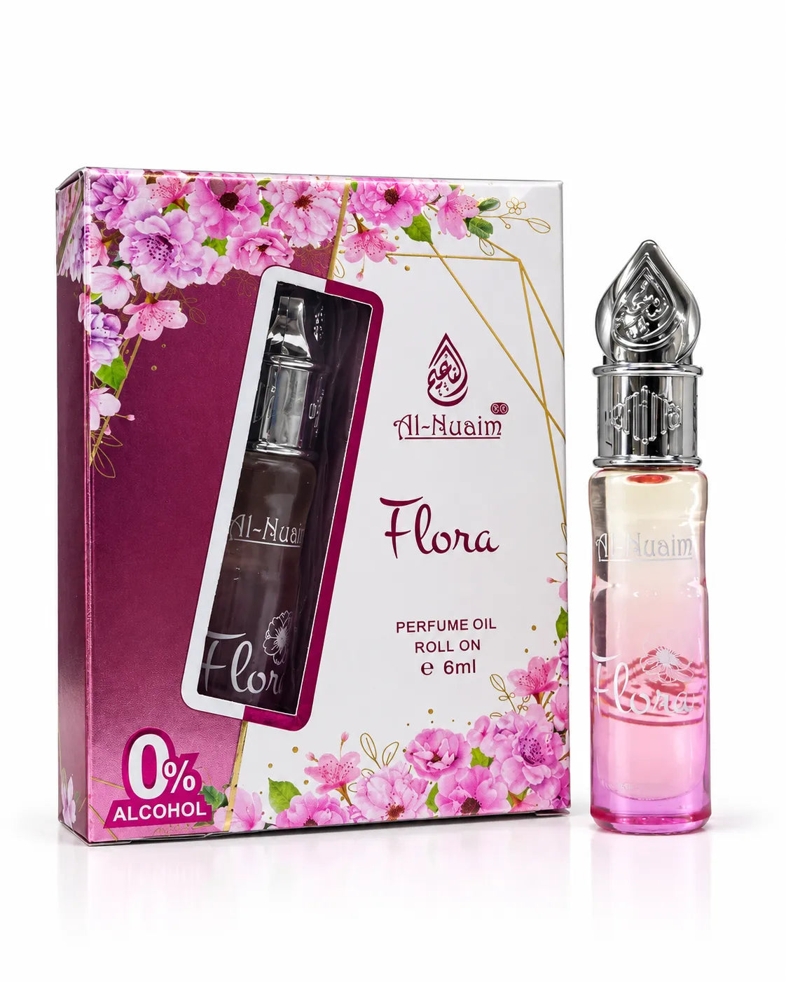 Al-Nuaim Flora 6ml perfume oil roll-on bottle with ornate silver cap and pink floral retail box.