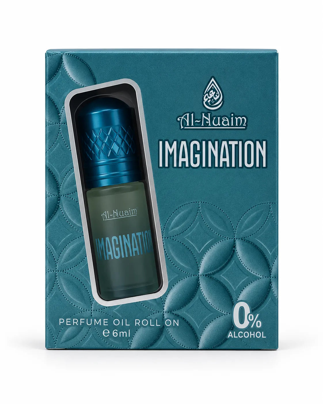 Al-Nuaim Imagination 6ml alcohol-free perfume oil box featuring teal-blue geometric patterns.