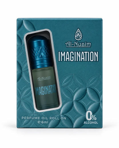 Al-Nuaim Imagination 6ml alcohol-free perfume oil box featuring teal-blue geometric patterns.