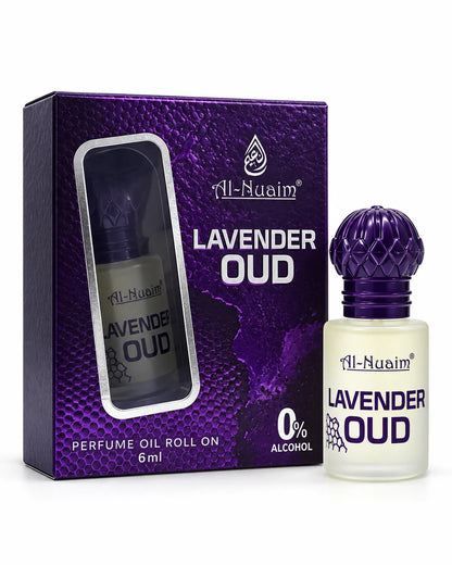 Al-Nuaim Lavender Oud 6ml perfume oil with purple decorative bottle cap and matching retail box.