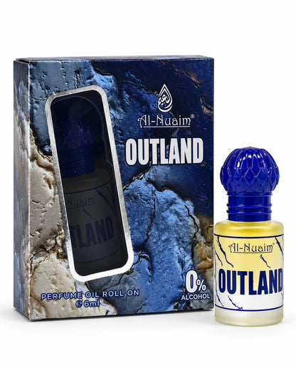 Al-Nuaim Outland 6ml alcohol-free roll-on perfume oil box with blue textured design.