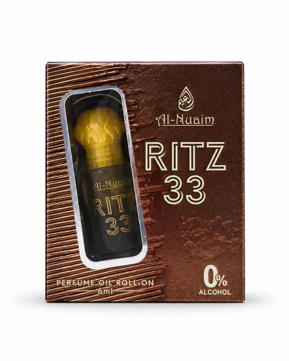 Al-Nuaim Ritz 33 6ml alcohol-free perfume oil in bronze and brown retail box with display window.