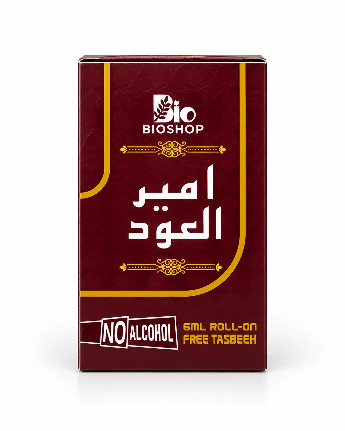 Ameer Al Oud perfume oil gift set showing maroon packaging 6ml roll-on bottle and prayer beads