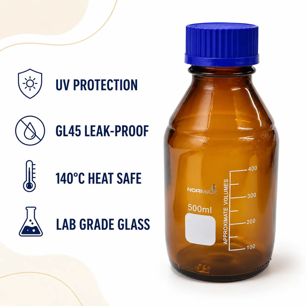 Brown lab bottle with blue cap on a white background, featuring UV protection, GL45 leak-proof, 140°C heat safe, and lab grade glass text.