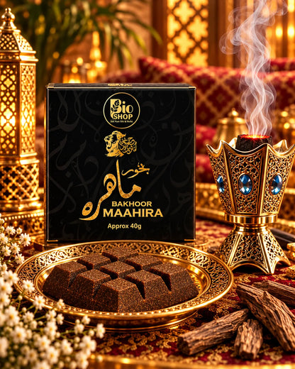 Bio Shop Bakhoor Maahira 40g black and gold box with bakhoor blocks
Bakhoor Maahira premium Arabic incense 40g by Bio Shop Pakistan