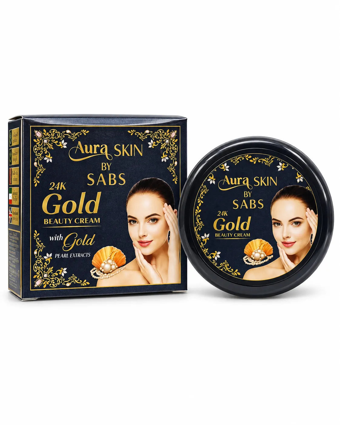 Aura Skin by SABS 24K Gold Beauty Cream with Gold and Pearl Extracts in black and gold box with matching round cream jar