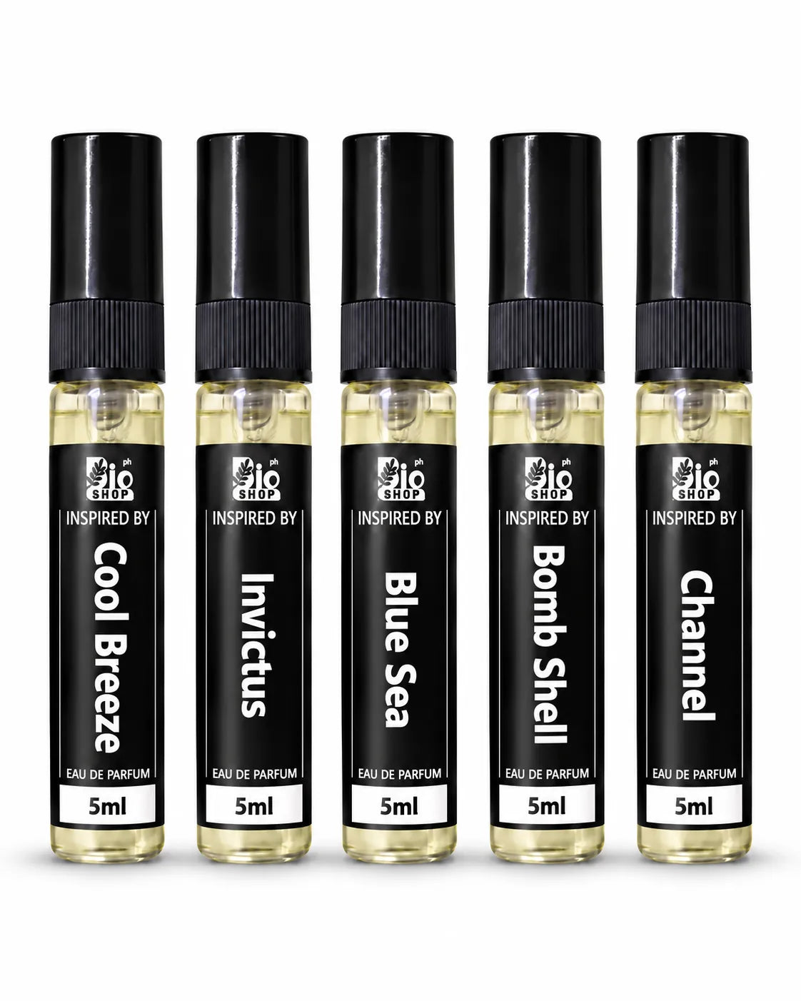 Five 5ml perfume spray bottles featuring Cool Breeze, Invictus, Blue Sea, Bomb Shell and Channel