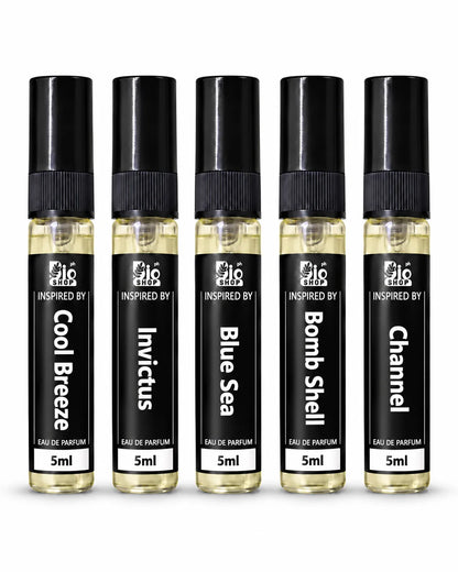 Five 5ml perfume spray bottles featuring Cool Breeze, Invictus, Blue Sea, Bomb Shell and Channel