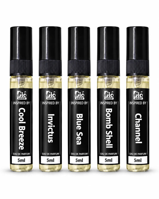 Five 5ml perfume spray bottles featuring Cool Breeze, Invictus, Blue Sea, Bomb Shell and Channel