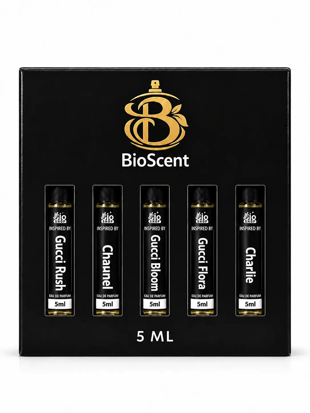 Bio Shop Signature Five for Women perfume tester gift set with Gucci Rush, Chanel, Gucci Bloom, Gucci Flora and Charlie inspired 5ml fragrances.