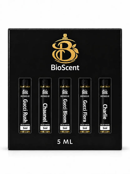 Bio Shop Signature Five for Women perfume tester gift set with Gucci Rush, Chanel, Gucci Bloom, Gucci Flora and Charlie inspired 5ml fragrances.