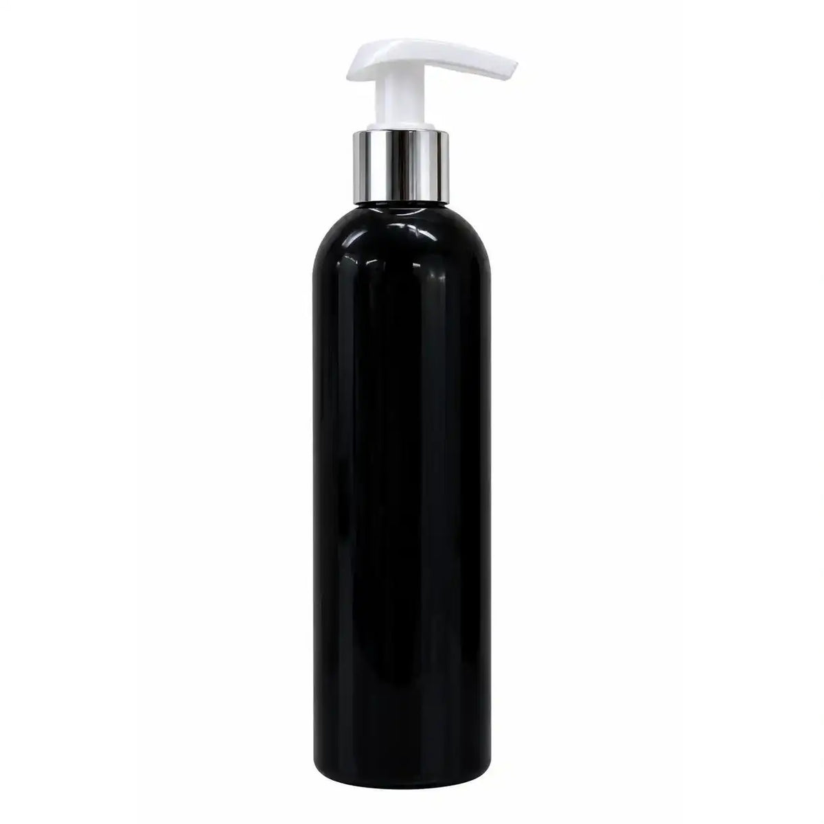 250ml black pump bottle with silver collar and white dispenser