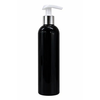250ml black pump bottle with silver collar and white dispenser