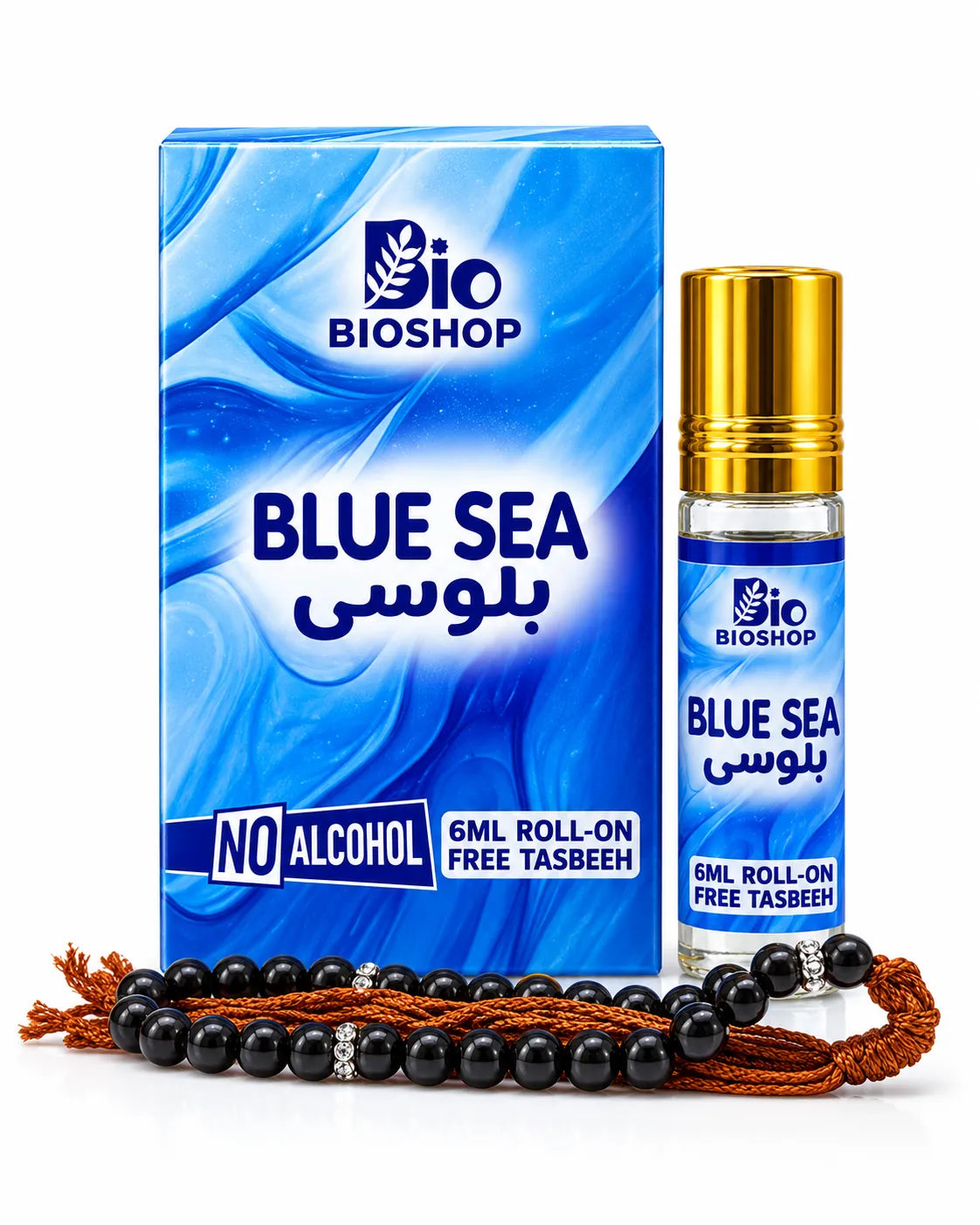 Bio Shop Blue Sea 6ml alcohol-free attar roll-on with blue wave box gold cap and black tasbeeh