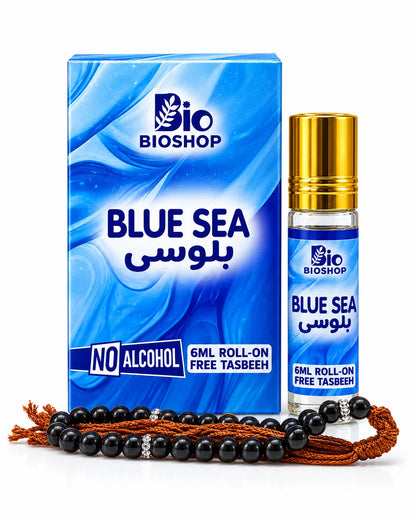 Bio Shop Blue Sea 6ml alcohol-free attar roll-on with blue wave box gold cap and black tasbeeh