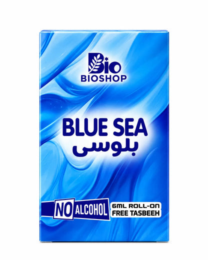 Blue Sea perfume oil bottle beside matching ocean-blue packaging on white background