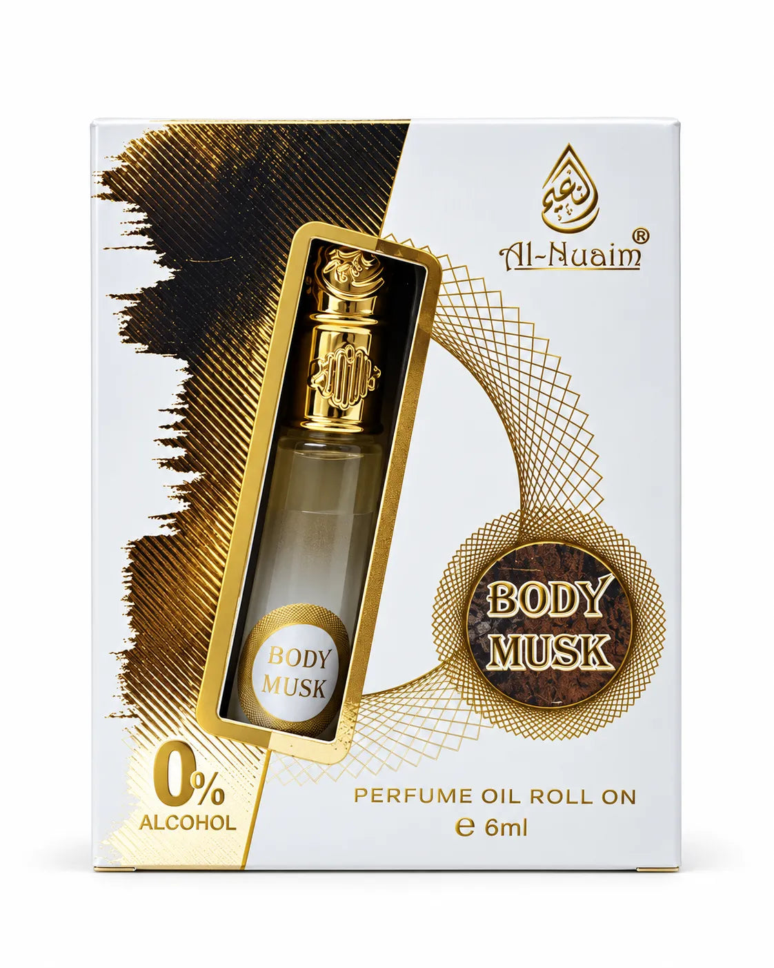 Body Musk 6ml alcohol-free roll-on perfume bottle with gold ornamental cap next to matching presentation box.