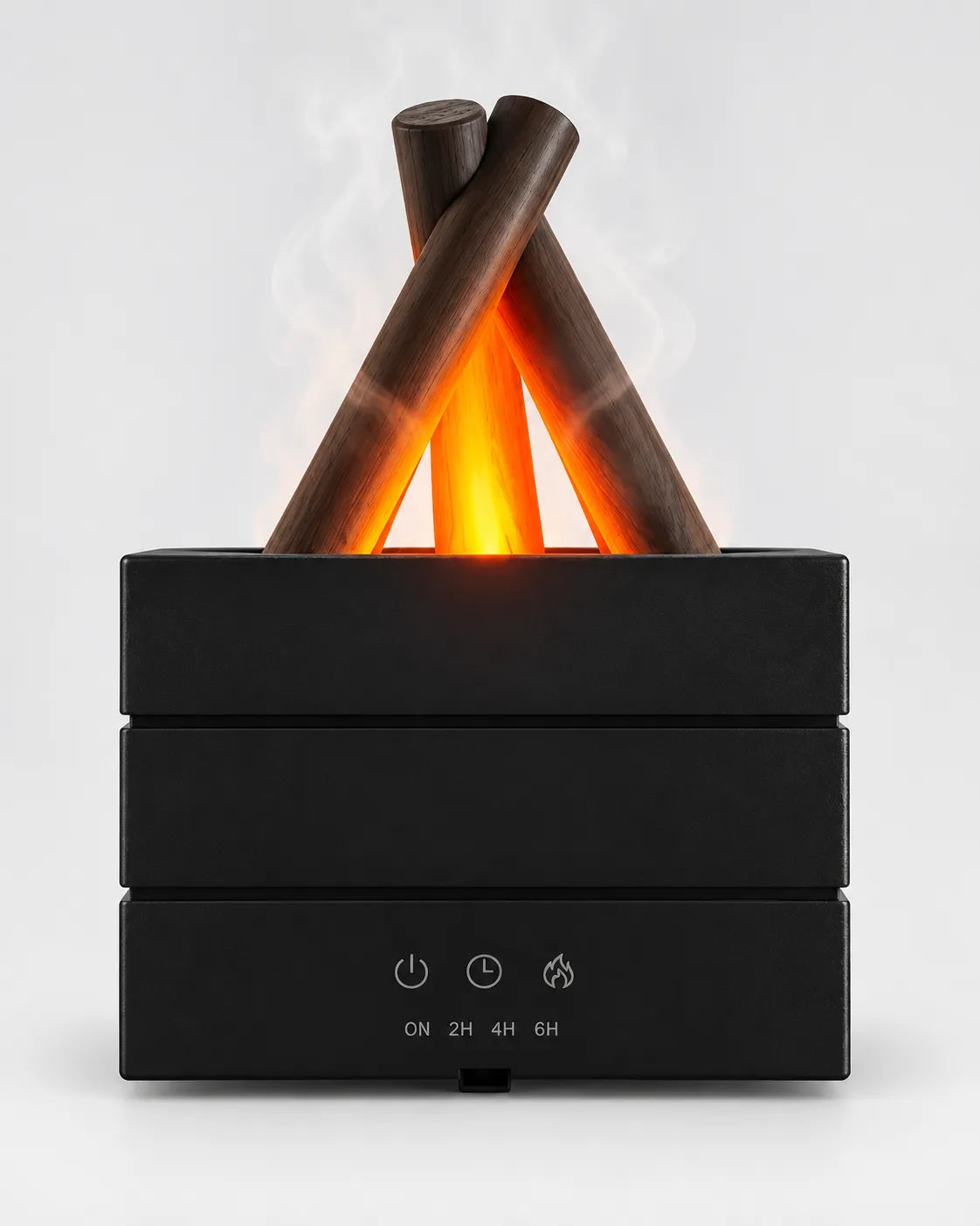 l campfire aroma diffuser box showing a black base, crossed wood-look logs, simulated flames and product features.